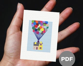 Tiny House with Balloons Mini Cross Stitch Pattern – Pixel Art (Digital PDF)