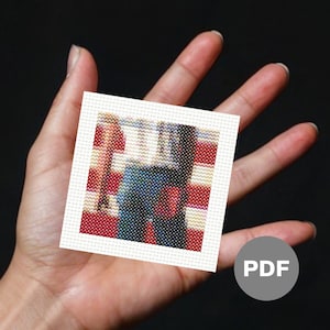 Puede incluir: Un pequeño lienzo cuadrado blanco con un patrón de punto de cruz de una persona que lleva pantalones vaqueros azules y una camisa roja, blanca y azul. La persona está de pie frente a un fondo a rayas rojo, blanco y azul. El lienzo está etiquetado como "PDF" en la esquina inferior derecha.
