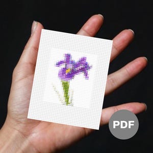 May include: A cross stitch pattern featuring a purple iris flower with green leaves and a white background. The pattern is printed on a white card.