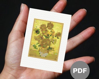 Sunflowers Mini Cross Stitch Pattern – Van Gogh Pixel Art (Digital PDF)