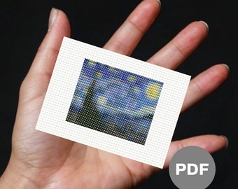 May include: A close-up of a small, white canvas with a pixelated image of Vincent van Gogh's Starry Night. The canvas is being held in a person's hand. The word "PDF" is printed in gray on a circle in the lower right corner of the image.
