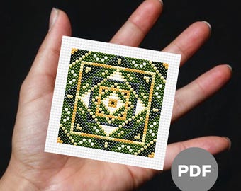 Art Deco Mini Cross Stitch Pattern – Green and Gold Pixel Art (Digital PDF)