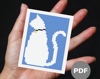 White Cat Blue Cross Stitch Pattern – Pixel Art Needlepoint (Digital PDF)