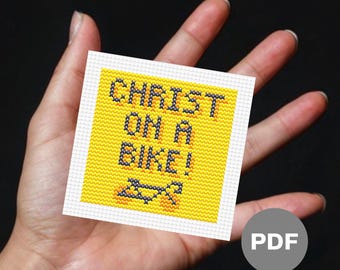 Funny 'Christ On A Bike!' Mini Cross Stitch Pattern – Irreverent Pixel Art (Digital PDF)