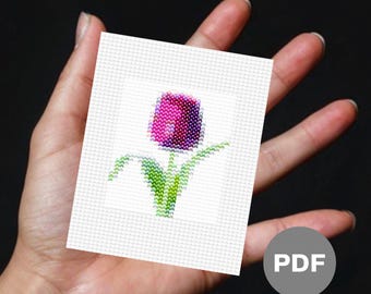 Purple Tulip Mini Cross Stitch Pattern - Tiny Floral Pixel Art (Digital PDF)