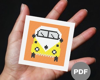 Yellow Campervan Mini Cross Stitch Pattern – Tiny Home Pixel Art (Digital PDF)