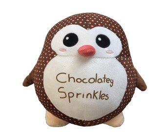 Penguin soft toy, fundraising for charity, cuddly toy, Mothers Day gift, made with love, provides warmth, hugs, Chocolatey Sprinkles