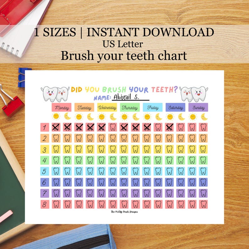 Pu&ograve; includere: Grafico stampabile per aiutare i bambini a tenere traccia della loro routine di spazzolamento dei denti. Il grafico presenta uno schema di colori arcobaleno con un grafico dei denti per ogni giorno della settimana. Il grafico include il testo "Ti sei lavato i denti?" e "Nome:" con uno spazio vuoto per un nome.