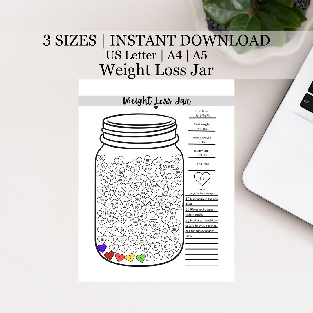 Weight Loss Tracker, Weight Loss Jar, Printable, Fillable Pdf, Wellness ...