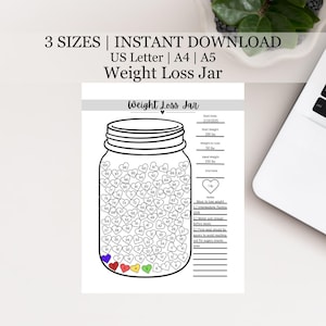 Puede incluir: Plantilla de seguimiento de pérdida de peso en forma de tarro de cristal para imprimir. El tarro está lleno de corazones que puedes colorear a medida que alcanzas tus objetivos de pérdida de peso. El seguimiento incluye secciones para la fecha de inicio, el peso inicial, el peso a perder, el peso objetivo y la fecha de finalización. También incluye una sección para notas sobre formas de perder peso.