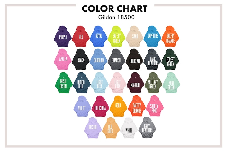 K&ouml;nnte beinhalten: Farbtabelle von Gildan 18500 Hoodies in verschiedenen Farben, darunter Lila, Rot, K&ouml;nigsblau, Sicherheitsgr&uuml;n, Sand, Saphir und Sicherheitsorange. Weitere Farben sind Schwarz, Holzkohle und Waldgr&uuml;n. Die Farbbezeichnungen sind in Wei&szlig; gehalten.
