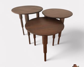Beech Wood Triple Coffee Table Set: Nesting Side Tables