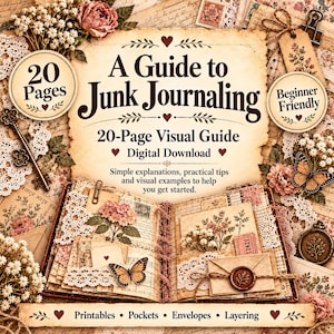 May include: A digital download guide titled A Guide to Junk Journaling, featuring 20 pages of visual instructions. The cover displays a scrapbook with lace, floral illustrations, butterflies, and a wax seal, surrounded by vintage paper textures and botanical elements.