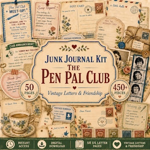 Op de afbeelding: Een junk journal kit genaamd The Pen Pal Club met briefpapier in vintage-stijl, waaronder ansichtkaarten, adreskaarten, postzegels en brieven. De set bevat 50 pagina's en meer dan 450 onderdelen met bloemmotieven en afbeeldingen van theekopjes.