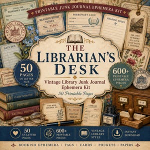 Puede incluir: Un kit de efímera para junk journal titulado The Librarian's Desk, que incluye 50 páginas y más de 600 piezas imprimibles. El diseño presenta tarjetas de biblioteca vintage, tickets de lectura, etiquetas, una pluma estilográfica y gafas.