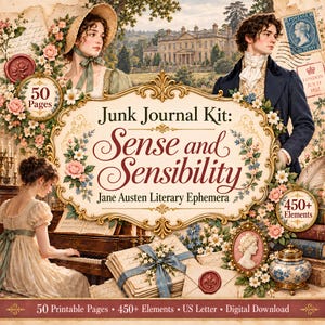 Op de afbeelding: Een Junk Journal Kit getiteld Sense and Sensibility met literair ephemera van Jane Austen. De kit bevat 50 printbare pagina's en meer dan 450 elementen, gepresenteerd met illustraties van historische figuren, een piano en bloemmotieven.