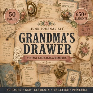 Junk Journal Kit: Mormors låda | Vintage souvenirs och minnen Ephemera (digital nedladdning)
