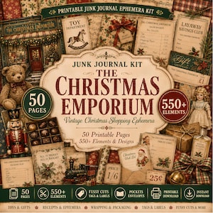 Puede incluir: Un kit de efímera para junk journal imprimible titulado The Christmas Emporium con 50 páginas y más de 550 elementos. La colección incluye efímera navideña de estilo vintage, recibos, certificados de regalo, etiquetas y motivos festivos.