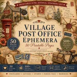 May include: A printable junk journal ephemera kit featuring a vintage village post office theme. The collection includes 50 A4-sized pages with over 500 postal-themed elements like postcards, letters, stamps, parcel tags, and mail bags.