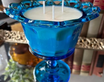 Vintage Repurposed Blue Imperial Depression Pedestal Glass Lace Edge Candy Dish Hand Poured Coconut Soy Blend Candle - Baccarat Rouge Scent