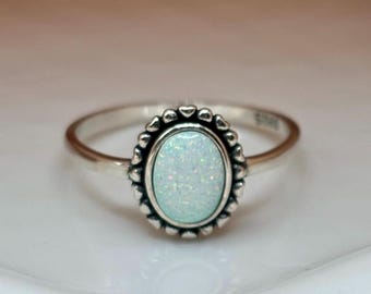 Silver White Opal Stone Ring, natural stone ring, stacking silver ring, silver rings for women, 925 silver ring, chunky silver ring