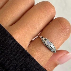Silver Moonstone Feather Ring, natural stone ring, petite silver ring, thumb rings for women, gift for her, stacking silver rings,925 silver