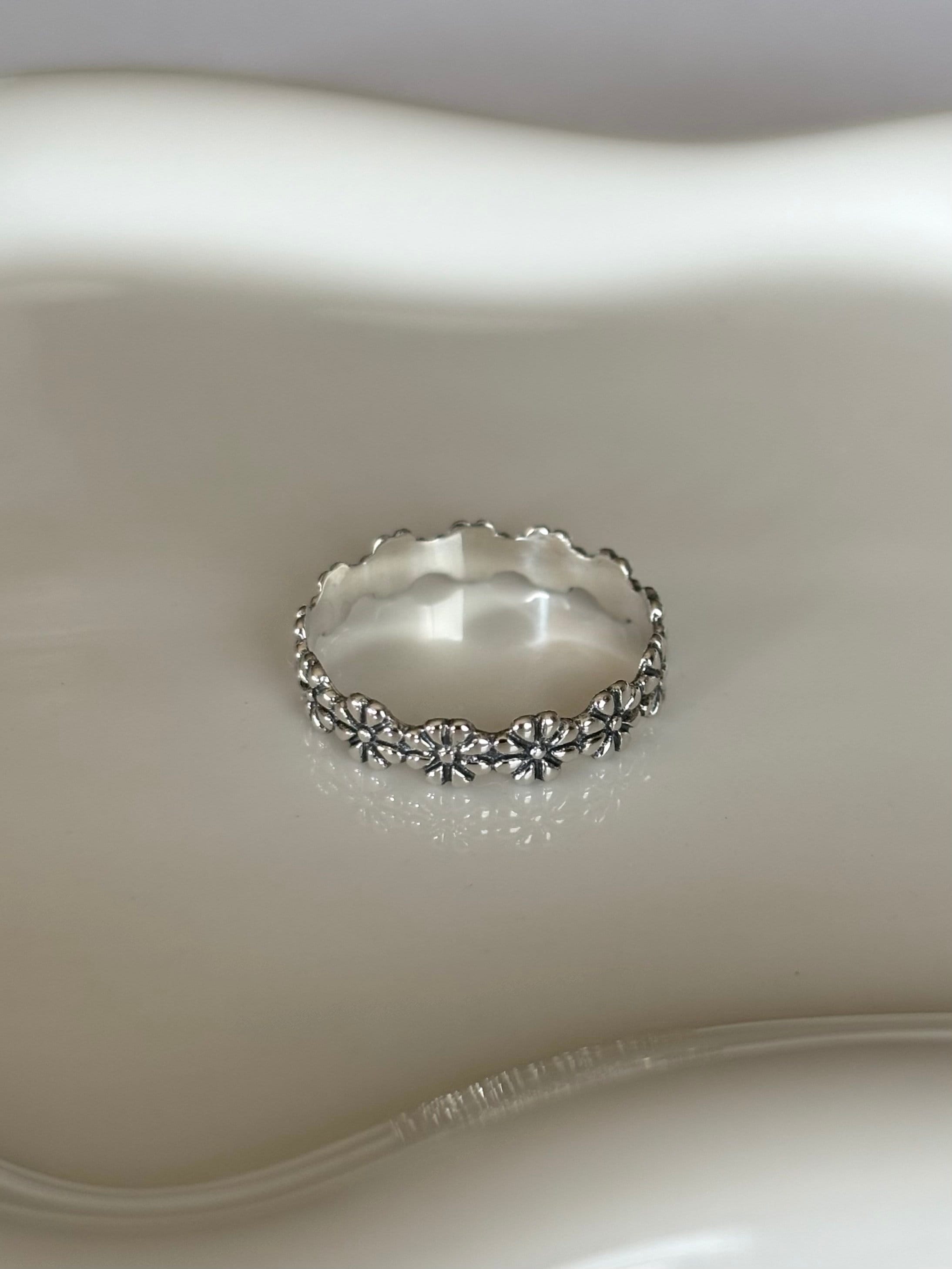 Tiny Rose Flower Vintage Silver Ring Stacking Rings For Women...