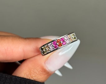 Sterling Silver Multicolor Rainbow Band Ring, 925 stamped, chunky silver ring, sterling cz band, rings for women, chunky statement ring