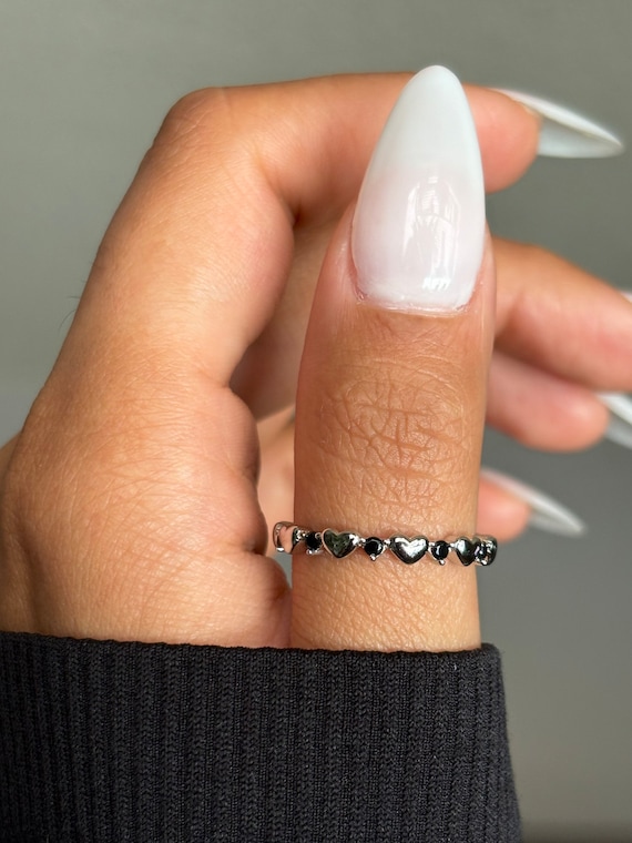 CZ Eternity Heart Ring, sterling silver rings, simple silver band, jewelry for women, solid 925 silver band, black cz stones, gift for her