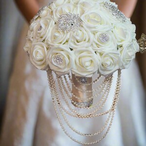 Bride Rose Bouquet Ivory Bridal Bling bouquet flowers Brooch bouquet Glam Wedding Décor Quinceanera Flowers Real Touch Ivory Wedding Classic image 2
