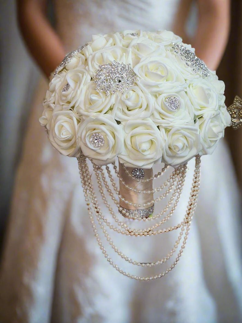 Bride Rose Bouquet Ivory Bridal Bling bouquet flowers Brooch bouquet Glam Wedding Décor Quinceanera Flowers Real Touch Ivory Wedding Classic image 2