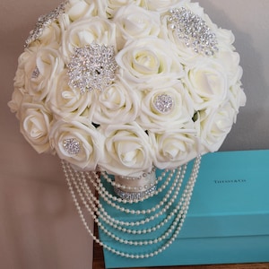 Bride Rose Bouquet Ivory Bridal Bling bouquet flowers Brooch bouquet Glam Wedding Décor Quinceanera Flowers Real Touch Ivory Wedding Classic
