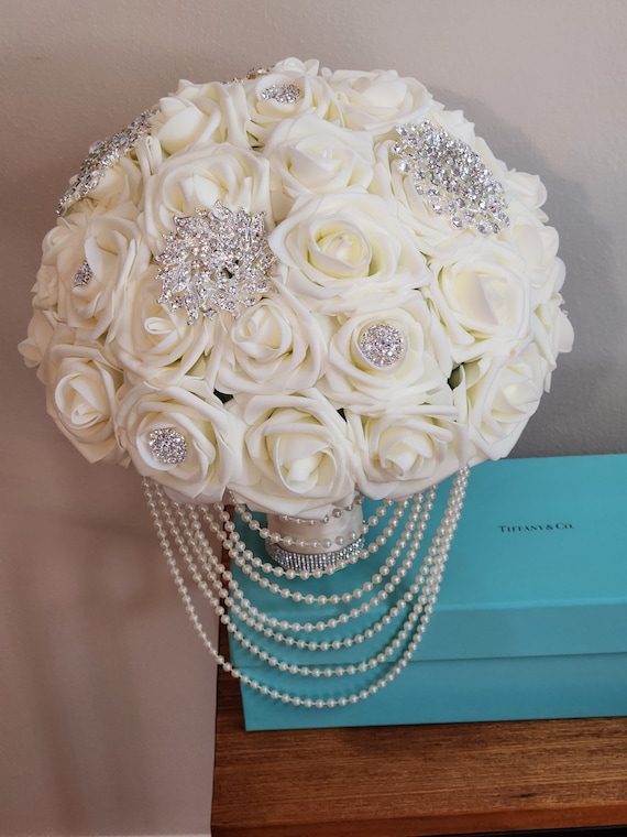 Bride Rose Bouquet Ivory Bridal Bling bouquet flowers Brooch bouquet Glam Wedding Décor Quinceanera Flowers Real Touch Ivory Wedding Classic
