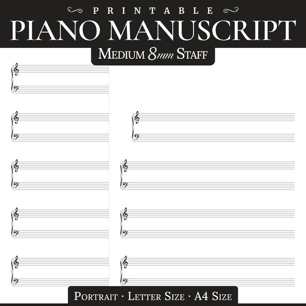 Printable Grand Staff Manuscript Paper - Portrait - Letter 8.5" x 11" / A4 Size - Piano Composition Blank Note Sheet Music PDF