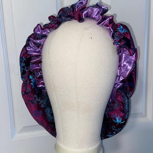 Reversible Satin Bonnet, Magenta Blue Pattern, Adjustable Sleep Cap for Natural Hair