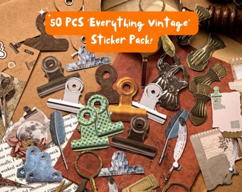 Vintage Scrapbook Sticker Bundle Set, 50 Pieces Sticker Journal Collage Retro Stickers, Washi Tape Stickers, Essential Scrapbook Starter Kit