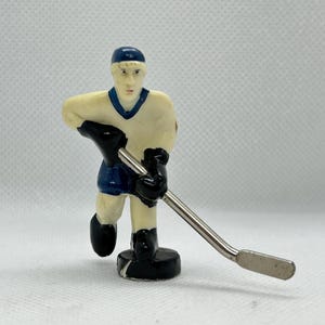 May include: A white and blue hockey player figurine with a black stick. The player is in a skating pose with one leg raised.