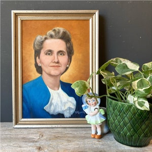 1950er Jahre Porträt Frau in Blau - Original Vintage Gemälde