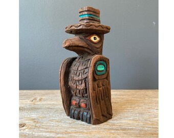 Vintage Handcrafted Tabletop Eagle Totem - Pacific Northwest Wooden Totem