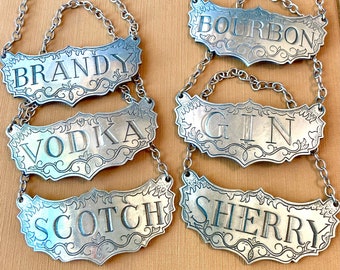 Liquor Decanter Label Tags - Kirk Stieff Pewter - Bourbon - Scotch - Gin