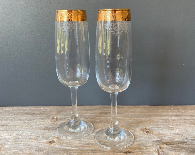 Vintage Champagne Glasses - Art Deco Edge Champagne Flutes Set of 2 - Gold Rim Champagne Glasses