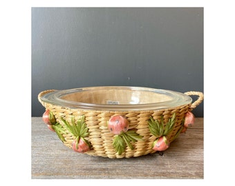 Vintage Pyrex Casserole Serving Dish  Basket Holder - Bright Flowers