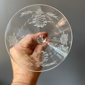 2 Etched Flowers and Leaves Champagne Cocktail Coupes - 1950s Champagne Glasses