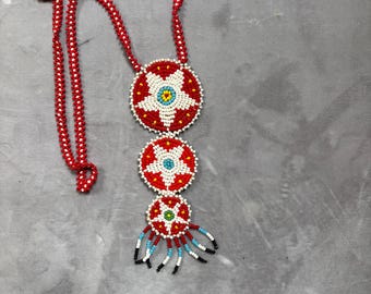 1960s Seed Bead Regalia Necklace - Red and White