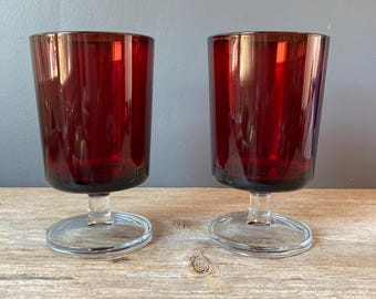 1950s Ruby Red Footed Wine Glasses -  Set of 2 - Ruby Glass