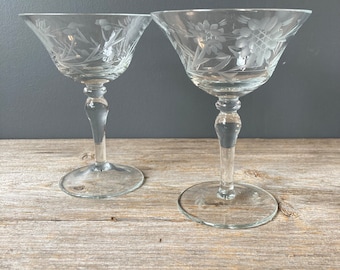 2 Etched Flowers and Vines Champagne Coupes - 1950s Champagne Glasses