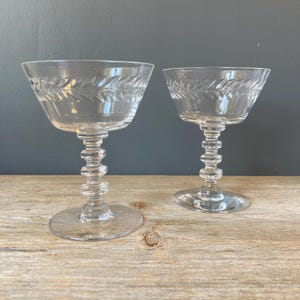 2 Etched Vines Champagne Coupes - 1950s Champagne Glasses