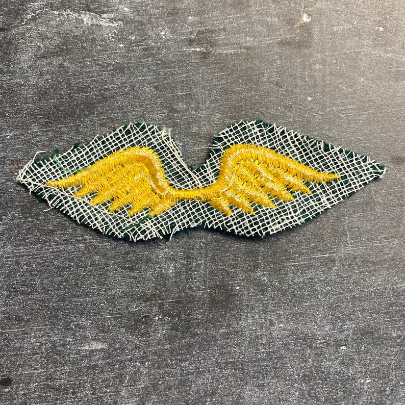 May include: A green and yellow embroidered patch with a pair of wings. The patch is made of a mesh fabric and has a frayed edge.