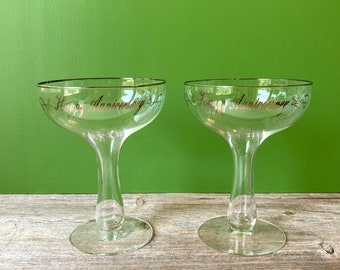 1950s Champagne Glasses - Happy Anniversary Champagne Coupes - Set of 2 - Hollow Stem Glasses