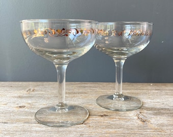 1950s Anniversary Champagne Glasses - Happy Anniversary Champagne Coupes - Set of 2 - Hollow Stem Glasses